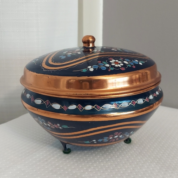 Vintage Copper Container W Lid Enamel Metal Round Floral Turkey - Picture 2 of 10
